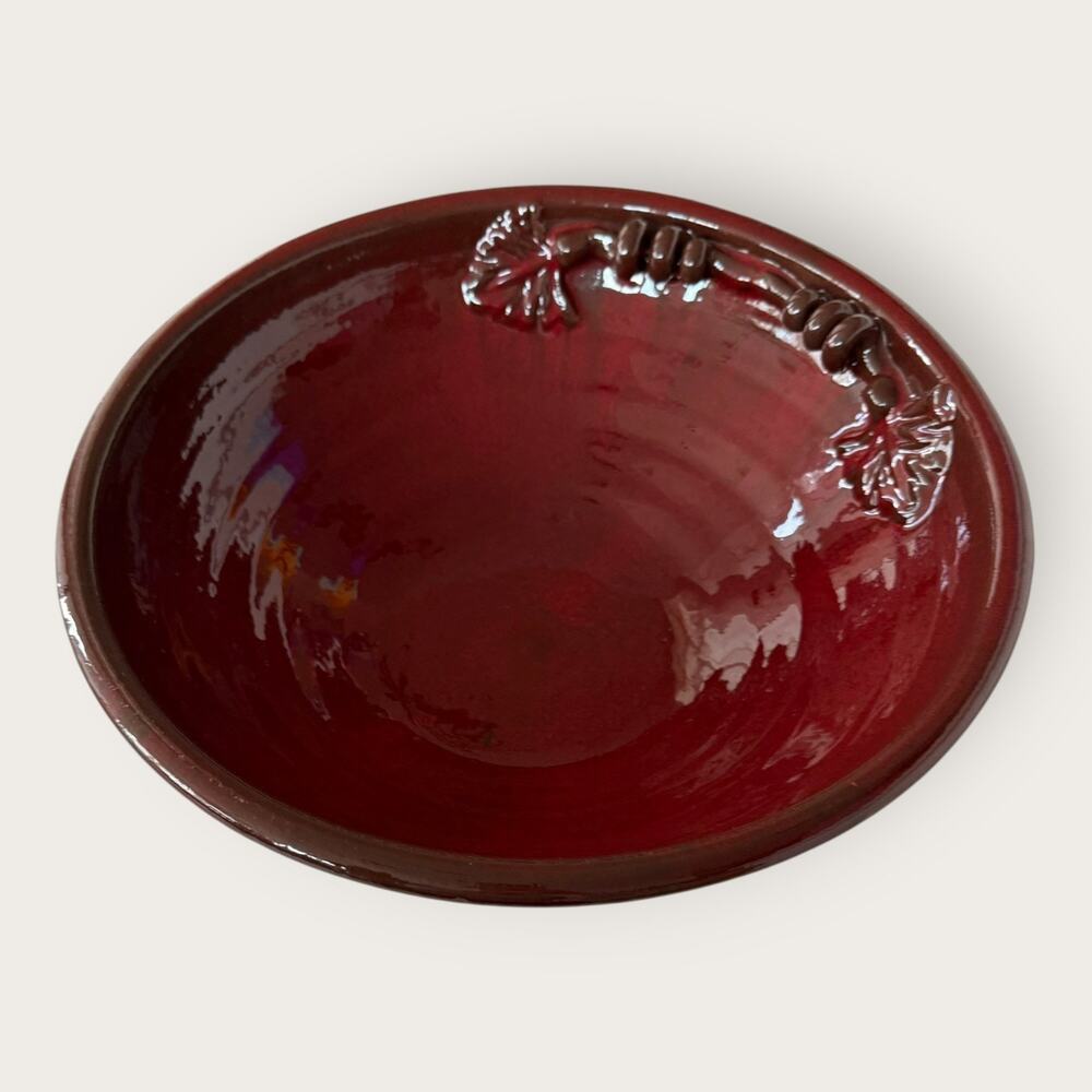Pier 1 Red Glossy Ceramic Decorative Bowl, Leaf Pattern, Round - Picture 2 of 8